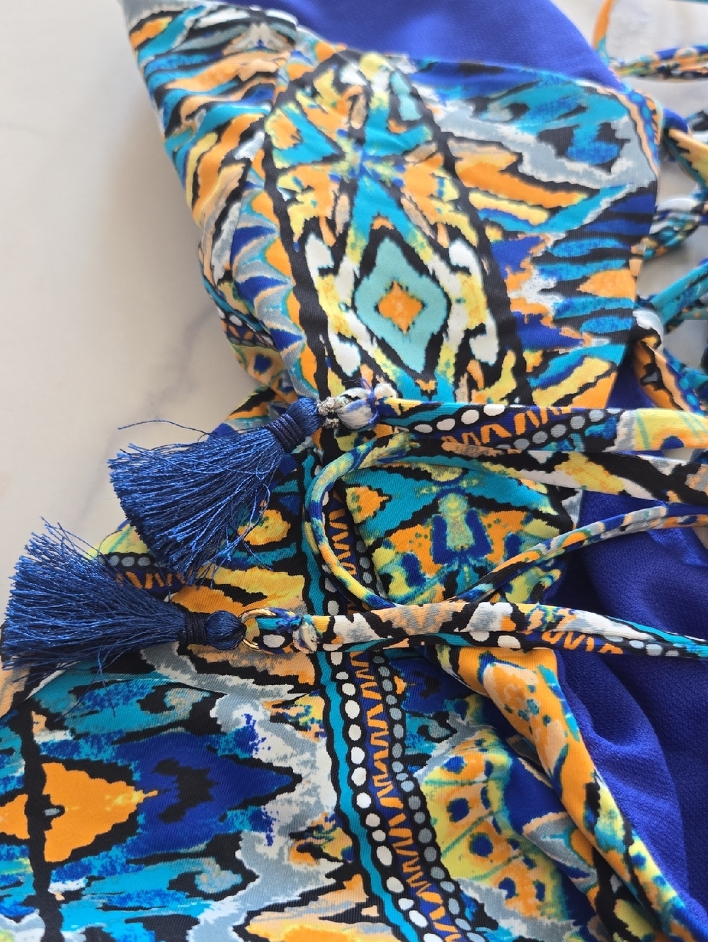 Bar III Women's Monarchy Tribal-Print Tassel Lace-Up One-Piece Swimsuit Sz:S NWT - Picture 10 of 11